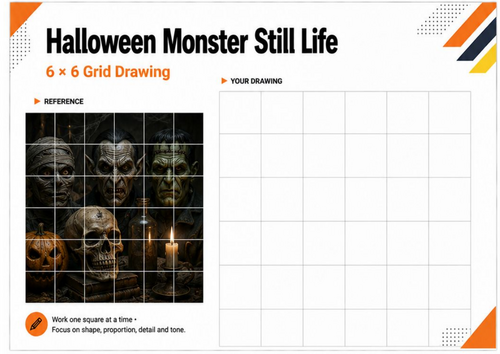 Halloween Monster Still Life Grid Drawing Worksheet | KS3 & KS4 Art