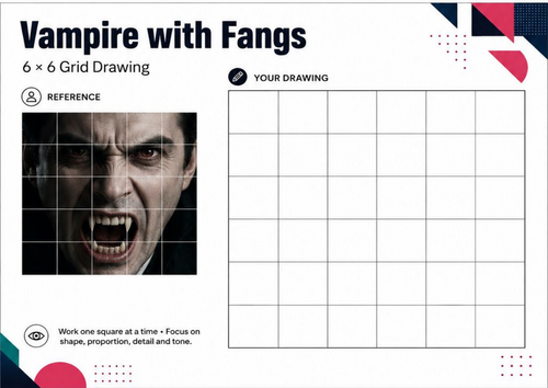 Vampire with Fangs Grid Drawing Worksheet | Halloween Art