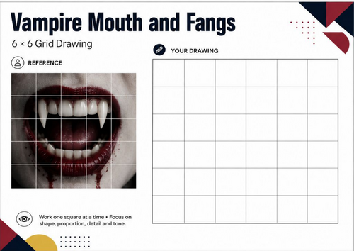 Vampire Mouth and Fangs Grid Drawing Worksheet | KS3 Art