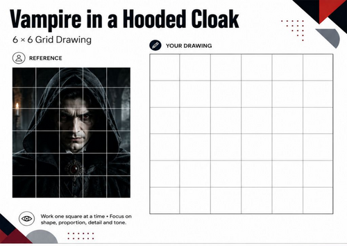 Vampire in a Hooded Cloak Grid Drawing Worksheet | KS3 & KS4