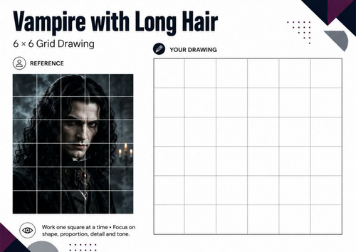 Vampire with Long Hair Grid Drawing Worksheet | Halloween Art