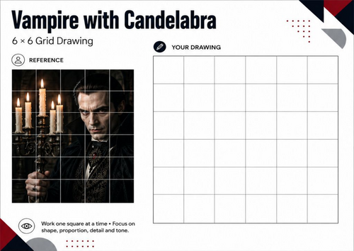 Vampire with Candelabra Grid Drawing Worksheet | Gothic Halloween Art