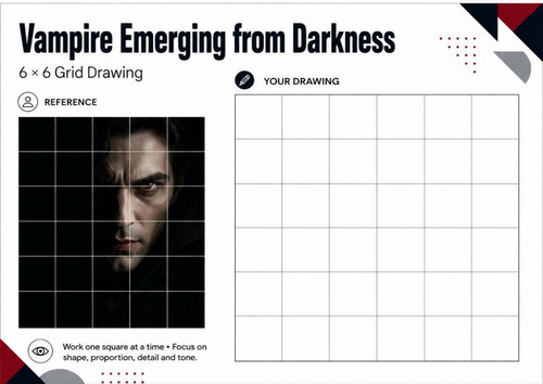 Vampire Emerging from Darkness Grid Drawing Worksheet | KS3 Art
