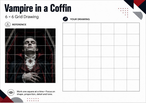 Vampire in a Coffin Grid Drawing Worksheet | Halloween Art Activity