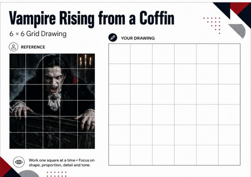 Vampire Rising from a Coffin Grid Drawing Worksheet | Halloween Art