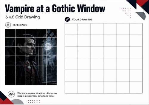 Vampire at a Gothic Window Grid Drawing Worksheet | KS3 & KS4 Art