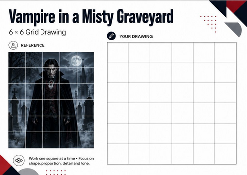Vampire in a Misty Graveyard Grid Drawing Worksheet | Halloween Art