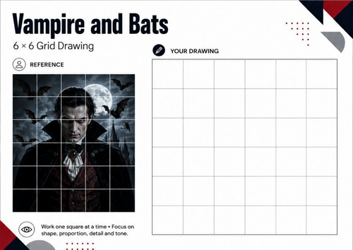 Vampire and Bats Grid Drawing Worksheet | Halloween KS3 Art