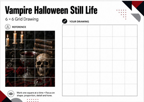 Vampire Halloween Still Life Grid Drawing Worksheet | KS3 & KS4 Art