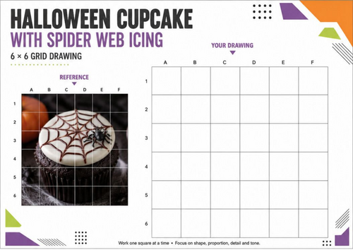Halloween Cupcake with Spider Web Icing | Grid Drawing Art Worksheet