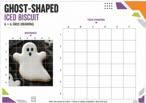 Ghost-Shaped Iced Biscuit | Halloween Grid Drawing Worksheet