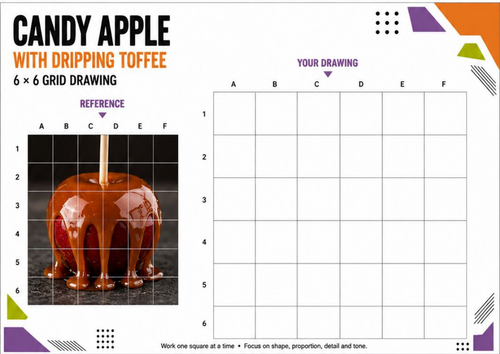 Candy Apple with Dripping Toffee | Halloween Grid Drawing Worksheet