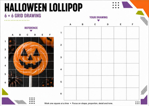Halloween Lollipop | Pumpkin Grid Drawing Art Worksheet