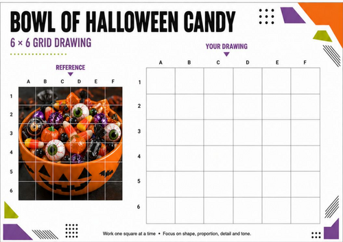 Bowl of Halloween Candy | Grid Drawing Art Worksheet