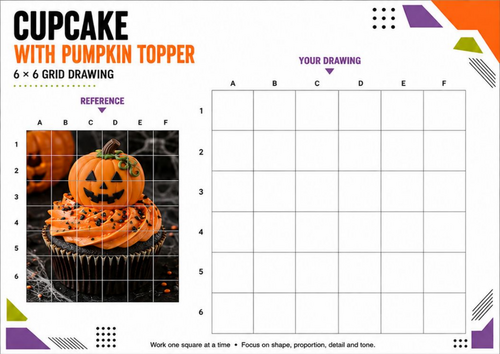 Cupcake with Pumpkin Topper | Halloween Grid Drawing Worksheet