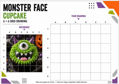 Monster Face Cupcake | Halloween Grid Drawing Art Activity