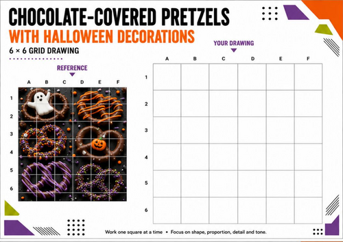 Chocolate-Covered Pretzels with Halloween Decorations | Grid Drawing Worksheet