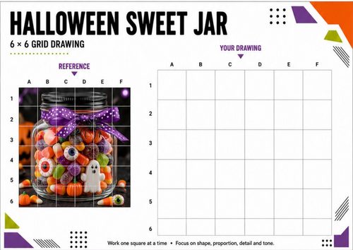 Halloween Sweet Jar | 6 × 6 Grid Drawing Worksheet