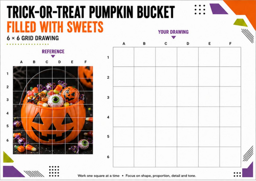 Trick-or-Treat Pumpkin Bucket Filled with Sweets | Grid Drawing