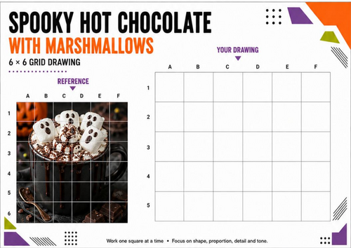 Spooky Hot Chocolate with Marshmallows | Halloween Grid Drawing