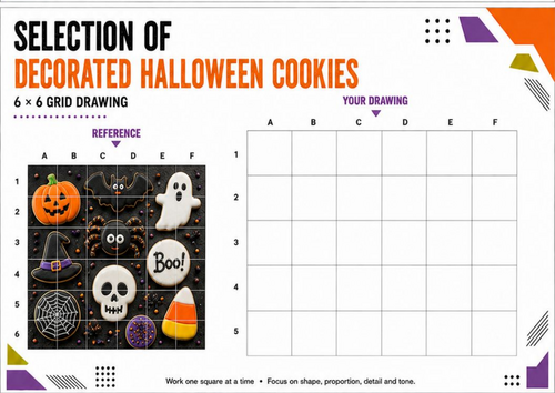 Decorated Halloween Cookies | Grid Drawing Art Worksheet