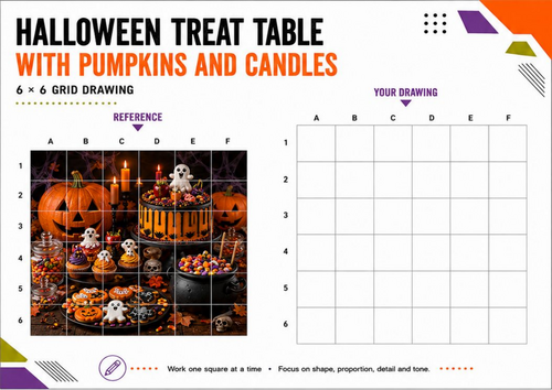 Halloween Treat Table with Pumpkins and Candles | Grid Drawing