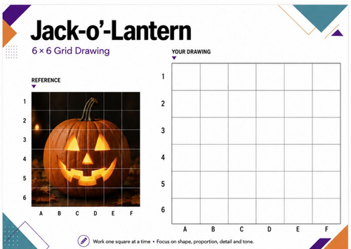 Jack-o’-Lantern Grid Drawing Worksheet | Halloween Pumpkin Art | KS3 KS4