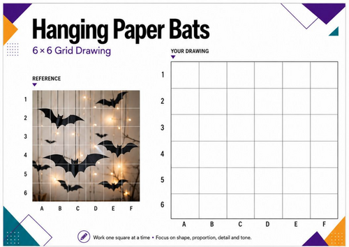 Hanging Bats Grid Drawing Worksheet | Halloween Art Activity | KS3 KS4