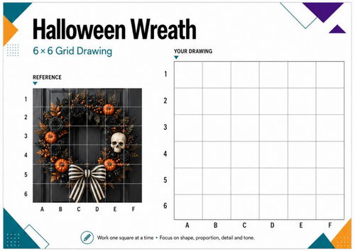 Halloween Wreath Grid Drawing Worksheet | Skull & Pumpkin Art | KS3 KS4