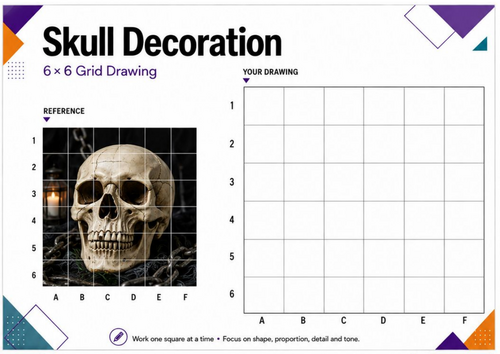 Skull Grid Drawing Worksheet | Halloween Observational Drawing | KS3 KS4 Art