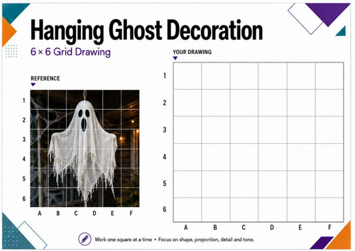 Hanging Ghost Grid Drawing Worksheet | Halloween Art Activity | KS3 KS4