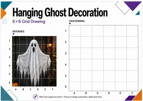 Halloween Hanging Ghost Grid Drawing | Spooky Art Worksheet | KS3 KS4
