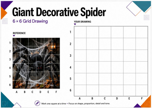Giant Spider Grid Drawing Worksheet | Halloween Art | KS3 KS4 Drawing