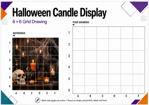 Halloween Candle Display Grid Drawing | Skull Still Life Art Worksheet | KS3 KS4