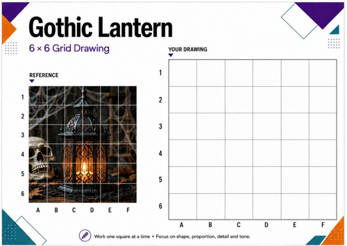 Gothic Lantern Grid Drawing Worksheet | Halloween Observational Art | KS3 KS4