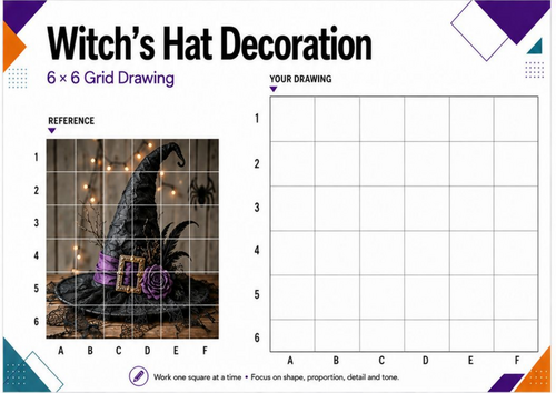 Witch’s Hat Grid Drawing Worksheet | Halloween Art Activity | KS3 KS4