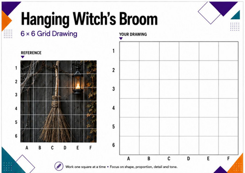Witch’s Broom Grid Drawing Worksheet | Halloween Art | KS3 KS4 Drawing Activity