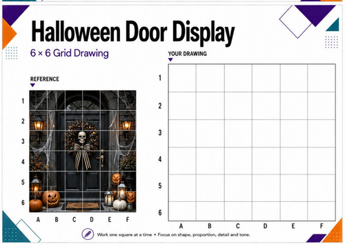 Halloween Door Display Grid Drawing | Spooky Architecture Art Worksheet | KS3 KS4