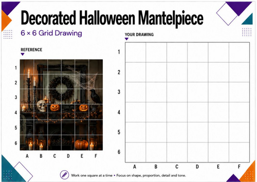 Halloween Mantelpiece Grid Drawing | Spooky Still Life Worksheet | KS3 KS4 Art