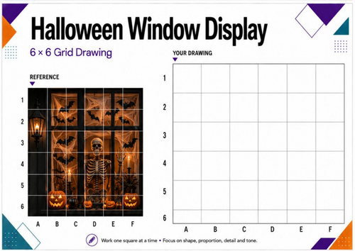 Halloween Window Display Grid Drawing Worksheet | KS3 KS4 Spooky Art