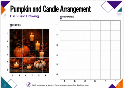 Pumpkin & Candle Grid Drawing Worksheet | Halloween Autumn Still Life | KS3 KS4
