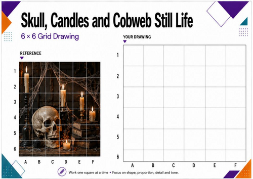 Skull & Candle Still Life Grid Drawing | Halloween Art Worksheet | KS3 KS4