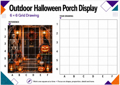 Halloween Porch Grid Drawing Worksheet | Detailed Spooky Art | KS3 KS4
