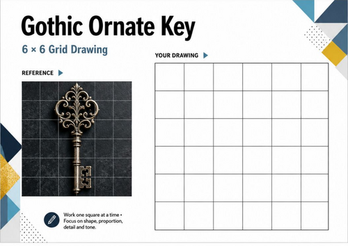 Gothic Ornate Key Grid Drawing Worksheet | Observational Drawing & Shading | KS3 & KS4 Art