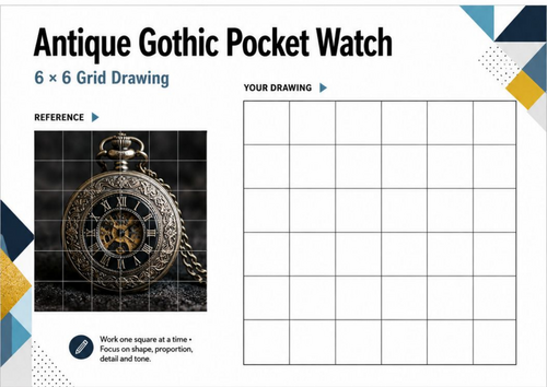 Antique Gothic Pocket Watch Grid Drawing Worksheet | Detail & Proportion | KS3 & KS4 Art
