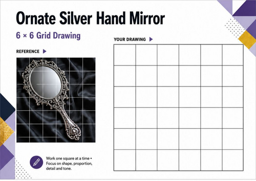 Ornate Silver Hand Mirror Grid Drawing Worksheet | Symmetry & Tonal Shading | KS3 & KS4 Art