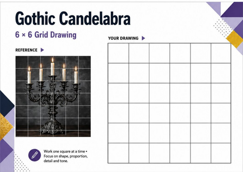 Gothic Candelabra Grid Drawing Worksheet | Symmetry, Detail & Shading | KS3 & KS4 Art