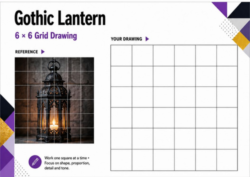 Gothic Lantern Grid Drawing Worksheet | Light, Detail & Observational Drawing | KS3 & KS4 Art