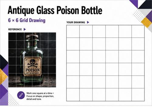 Antique Gothic Poison Bottle Grid Drawing Worksheet | Glass & Shading | KS3 & KS4 Art