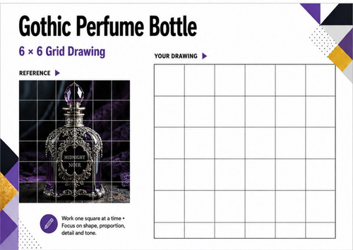Gothic Perfume Bottle Grid Drawing Worksheet | Pattern, Symmetry & Shading | KS3 & KS4 Art